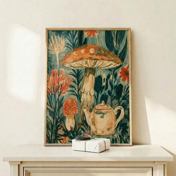 Vintage-style framed botanical art print with an ornate mushroom teapot design accented by blooming flowers and foliage in rich teal and rust hues, capturing cottagecore charm and nostalgic garden appeal.