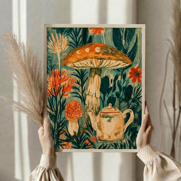 Cozy cottagecore wall art showcasing a whimsical mushroom-shaped teapot amid flowering plants and woodland greenery, rendered in soft cream, deep teal, and warm rust tones with Art Nouveau elegance.
