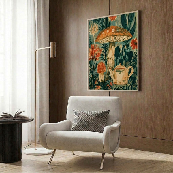Nostalgic botanical poster presenting an enchanting mushroom teapot surrounded by garden flowers and verdant plants in a palette of teal, rust orange, and cream, blending cottage fantasy with vintage Art Nouveau style.