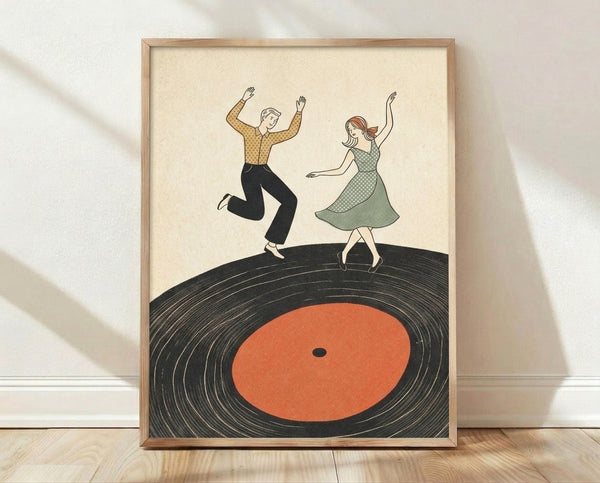 Retro-style framed poster featuring a joyful dancing couple with a vinyl record, rendered in cream, black, orange, and sage green tones with a nostalgic, playful mood.