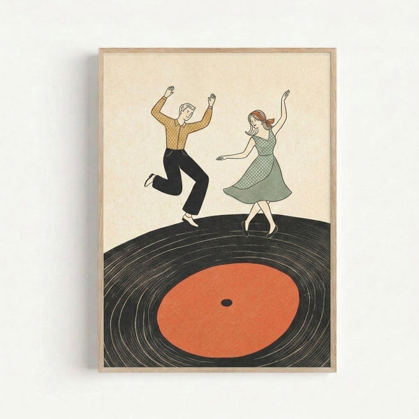 Vintage-inspired art print on wall showing two figures dancing around a vinyl record in warm cream and tan hues with black accents, evoking a retro aesthetic.