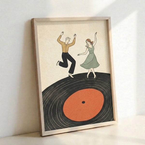 Framed poster art depicting a dancing man and woman celebrating a vinyl record in retro style, with cream, orange, and sage green colors creating a nostalgic, spirited composition.