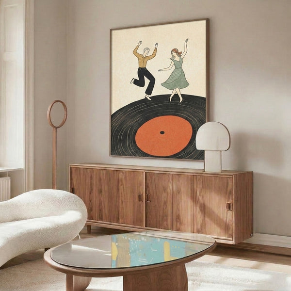 Vintage-inspired poster displaying two figures dancing with a vinyl record, rendered in a cheerful palette of cream, orange, sage green, and black.