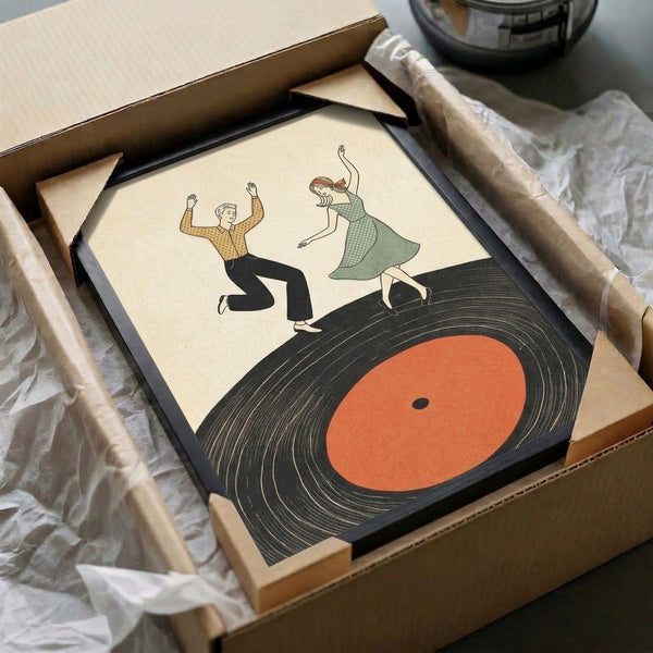 Retro wall-mounted art print showing a playful dancing duo celebrating vinyl records in cream, tan, orange, and black with nostalgic, spirited energy.