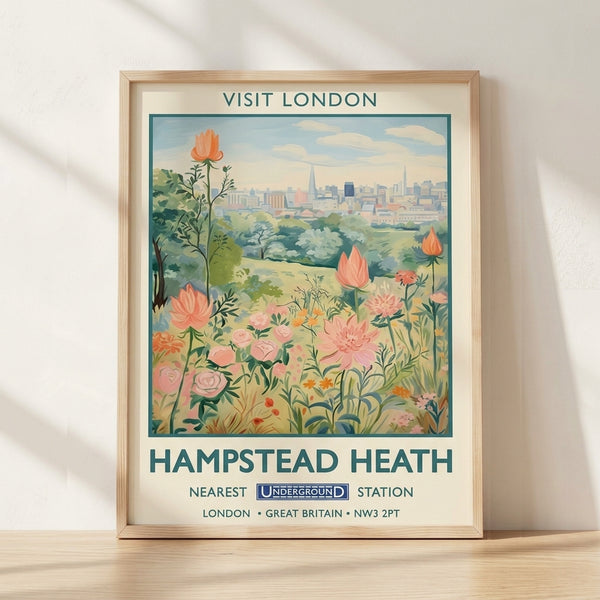 Vintage Art Nouveau travel poster celebrating Hampstead Heath in soft teal, coral pink, and sage green tones, evoking a nostalgic, peaceful London landscape.