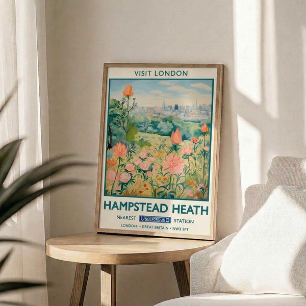 Idyllic park scene rendered in warm coral and cool teal hues with Art Nouveau florals, framed as a vintage-style travel print for wall decor.