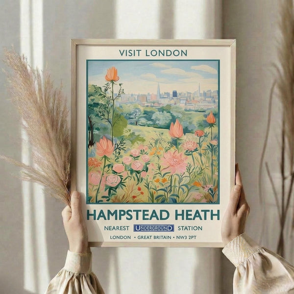 Soft blue and cream Art Nouveau composition depicting the serene Hampstead Heath landscape with delicate floral elements in a nostalgic vintage aesthetic.