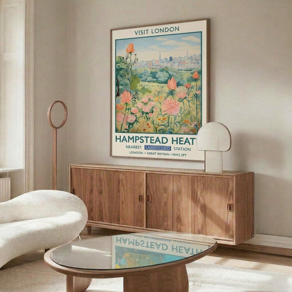 Dreamy vintage travel poster blending sage green and coral tones to capture the peaceful, romantic mood of a London park in classic Art Nouveau style.