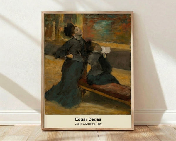 Impressionist framed poster of a woman in profile viewing artwork in a museum gallery, painted in soft cream, ochre, and brown tones with a contemplative mood.