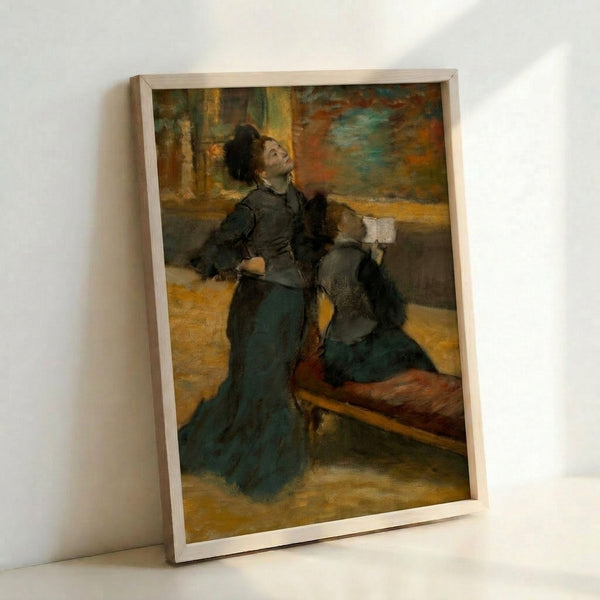 Framed art print depicting an elegantly dressed woman gazing at paintings in an interior gallery space, impressionist style with cultured, serene atmosphere in cream and ochre hues.