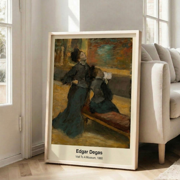 Museum interior scene poster with a solitary woman viewer, impressionist brushwork in soft browns and muted greens conveying quiet cultural refinement.