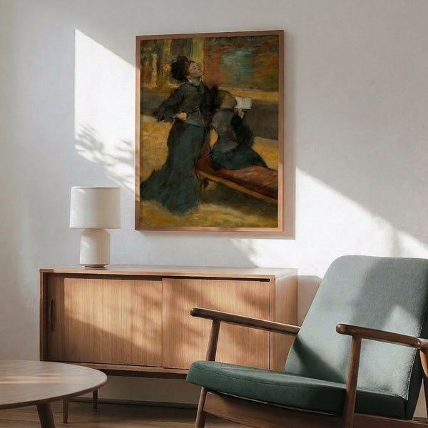 Impressionist-style framed artwork of a woman in a museum setting, rendered in warm cream and ochre tones with contemplative, sophisticated mood.