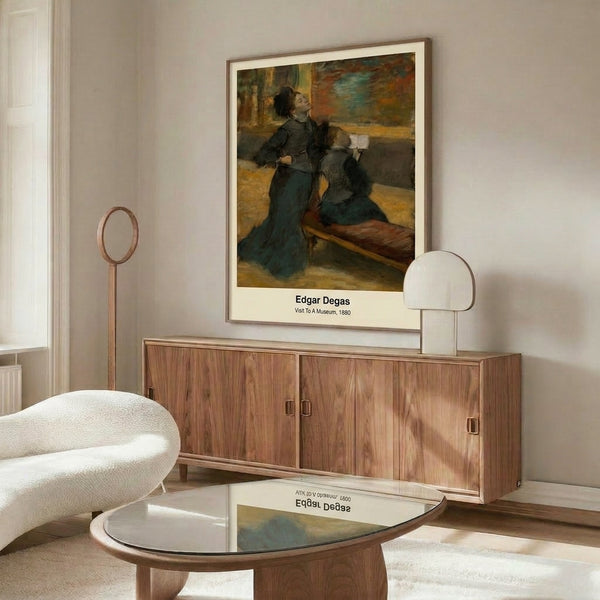 Poster art print showing a museum visitor absorbed in viewing paintings, impressionist technique in restrained palette of browns, cream, and muted green.