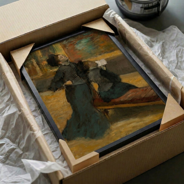 Framed impressionist print of a refined woman in a gallery interior, her thoughtful pose captured in soft ochre, brown, and cream tones suggesting cultured leisure.