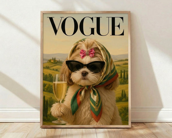 Pop art retro poster of a glamorous Shih Tzu wearing oversized sunglasses and a silk scarf, holding a champagne flute against a stylized landscape in cream, gold, black, and pink tones.