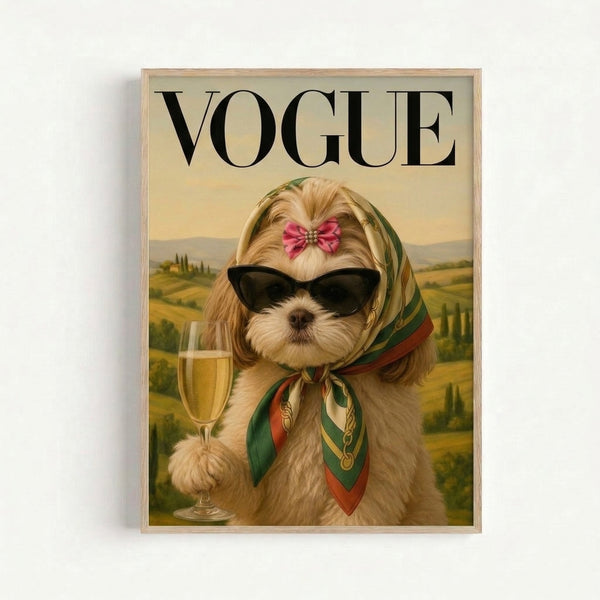 Framed art print featuring a whimsical Shih Tzu in sunglasses and scarf with champagne, rendered in bold pop art style with gold, green, and cream color palette.