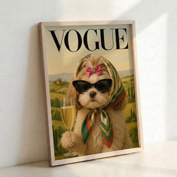 Sophisticated pop art poster of a chic Shih Tzu with sunglasses sipping champagne in a retro landscape scene, featuring glamorous cream and black tones with gold accents.