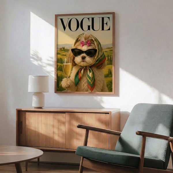 Pop art style poster of a glamorous sunglassed Shih Tzu enjoying champagne in a stylized landscape, combining retro charm with sophisticated humor in gold and cream hues.
