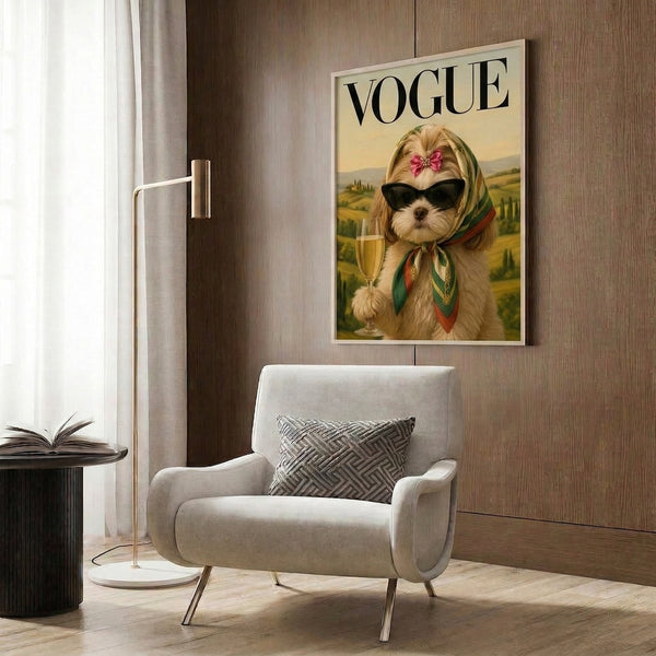 Framed retro pop art featuring a chic Shih Tzu wearing oversized shades and scarf with champagne, set against a whimsical landscape in pink, green, gold, and cream.