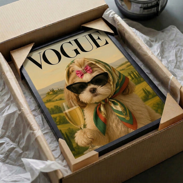 Sophisticated pop art wall print of a dapper Shih Tzu in sunglasses amid champagne and landscape elements, rendered in bold retro style with cream, gold, black, and pink tones.