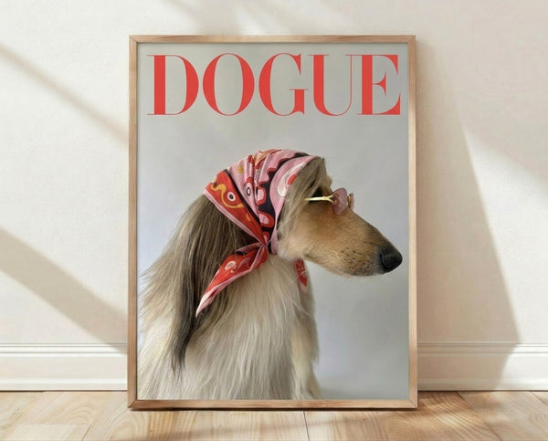 Pop art style framed poster of an Afghan Hound wearing a luxurious scarf, rendered in bold reds, pinks, cream, and gold tones with a whimsical, fashionable aesthetic.