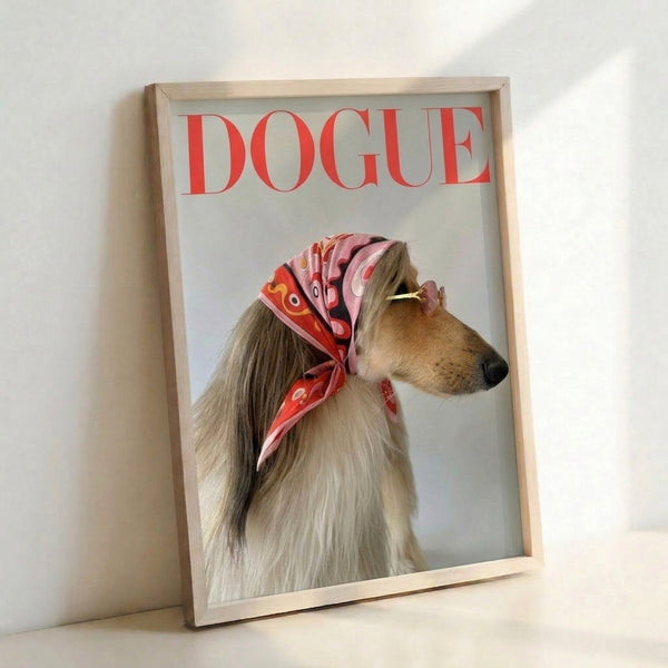 Vibrant pop art poster of a fashionable Afghan Hound adorned with an elegant scarf, combining playful retro design with rich red, pink, and gold color palette.
