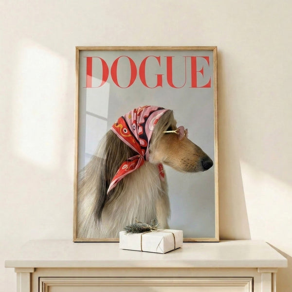 Framed dog art print showcasing a glamorous Afghan Hound in trendy pop art style, accessorized with a sophisticated scarf in bold reds and warm golden tones.