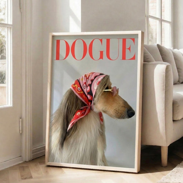 Contemporary pop art wall art of an Afghan Hound sporting a luxe scarf, featuring retro-inspired design with whimsical charm in cream, red, pink, and gold.