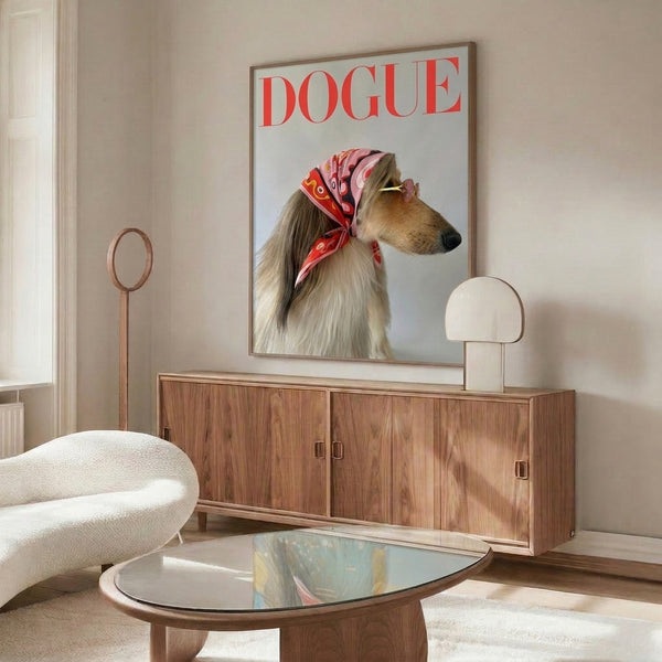 Stylized Afghan Hound portrait in modern pop art technique, accessorized with a chic scarf and rendered in playful palette of reds, pinks, cream, and gold accents.