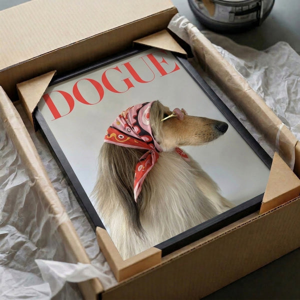 Retro-inspired framed poster featuring a fashionable Afghan Hound wearing an ornate scarf, rendered in vibrant pop art style with warm red, pink, and golden hues.