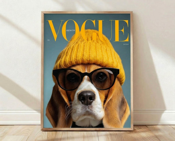 Pop art style framed poster featuring a fashionable beagle wearing oversized sunglasses and a stylish hat against a bold golden yellow and teal blue background.