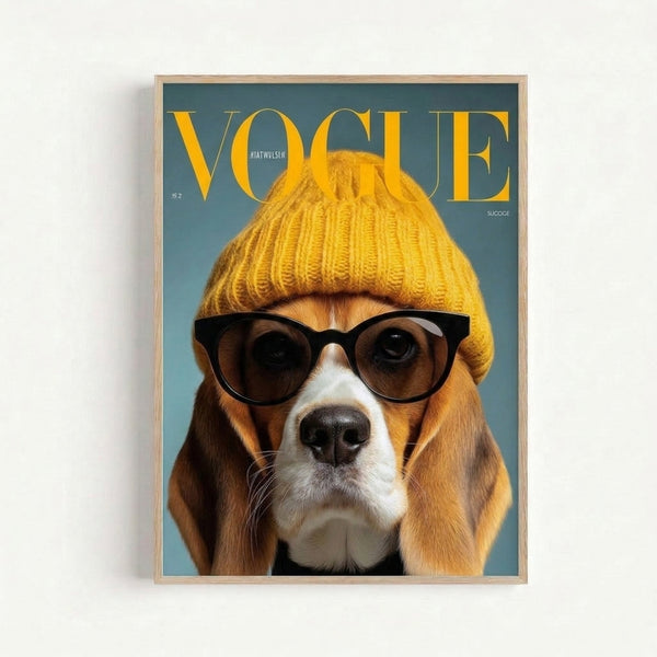 Modern pop art print of a chic beagle in trendy eyewear and hat, rendered in vibrant golden yellow, teal, and warm brown tones on a white ground.