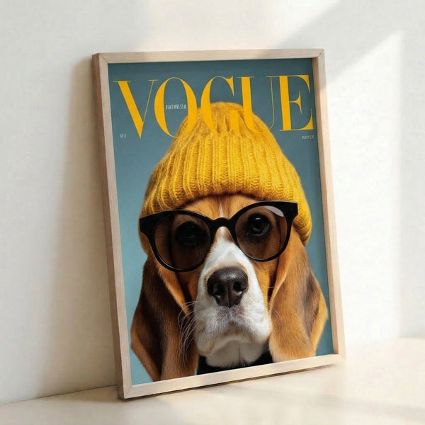 Framed pop art wall print depicting a humorous beagle model in haute couture sunglasses and hat, with striking teal and golden yellow color blocking.