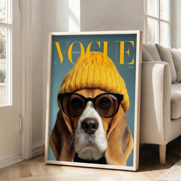 Contemporary pop art poster showcasing a sophisticated beagle accessorized with fashionable sunglasses and hat against bold geometric color fields of teal and gold.
