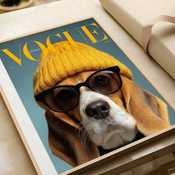Modern pop art wall art featuring a trendy beagle in oversized shades and coordinated hat, composed with bold teal, golden yellow, black, and white.