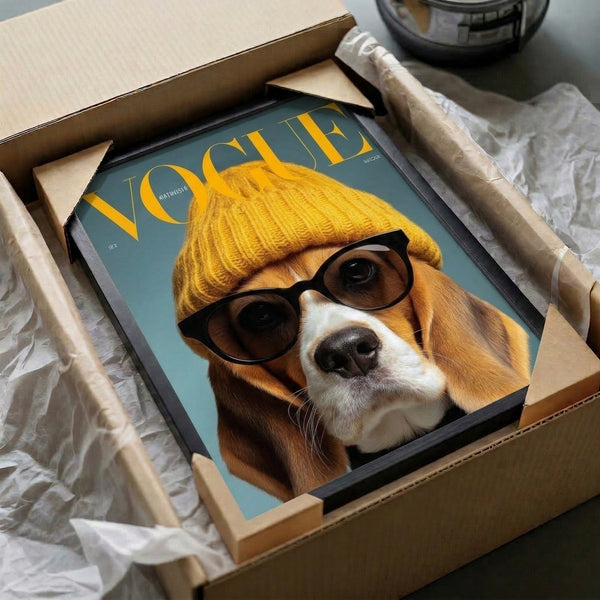Pop art framed poster of a fashionable beagle sporting designer sunglasses and hat in aspirational vogue style, with striking golden yellow and teal aesthetic.