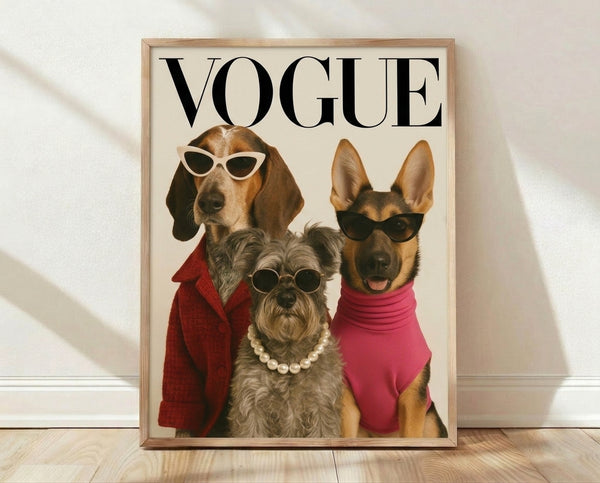 Pop art poster featuring three stylish dogs wearing sunglasses, pearls, and fashionable outfits in cream, brown, red, and gold tones, framed on a wall.