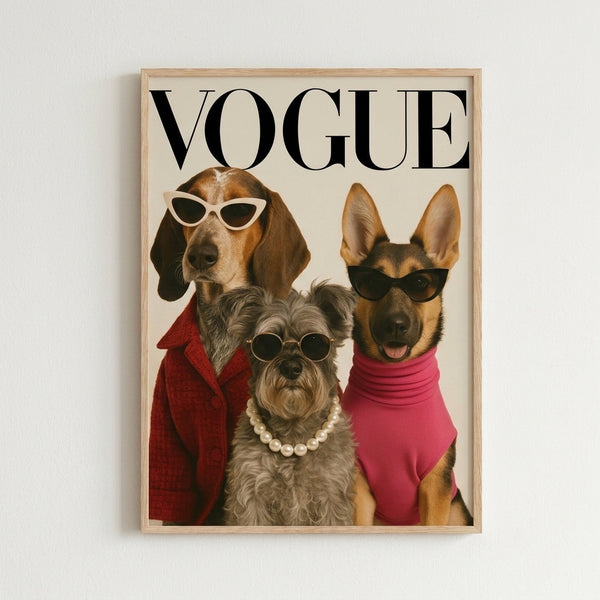 Modern art print of three glamorous dogs in designer accessories and clothing, rendered in bold pop art style with playful, humorous appeal.
