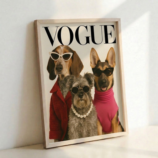 Framed fashion-inspired poster showcasing three chic dogs adorned with sunglasses and pearls against a cream and black background in vibrant pop art colors.