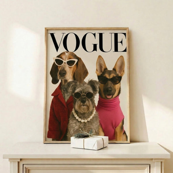 Contemporary pop art wall print depicting three fashionably dressed dogs with sunglasses in warm cream, brown, red, and gold hues, playfully glamorous in style.
