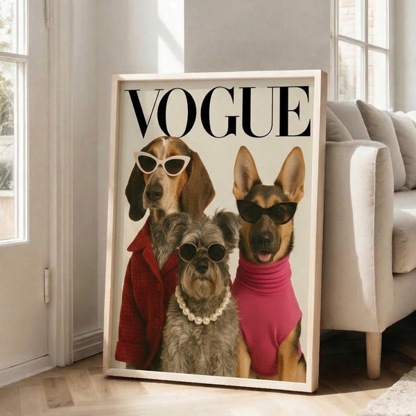 Bold pop art poster of three stylish dogs wearing pearls and sunglasses, rendered in striking cream, brown, red, and gold, framed for modern home décor.