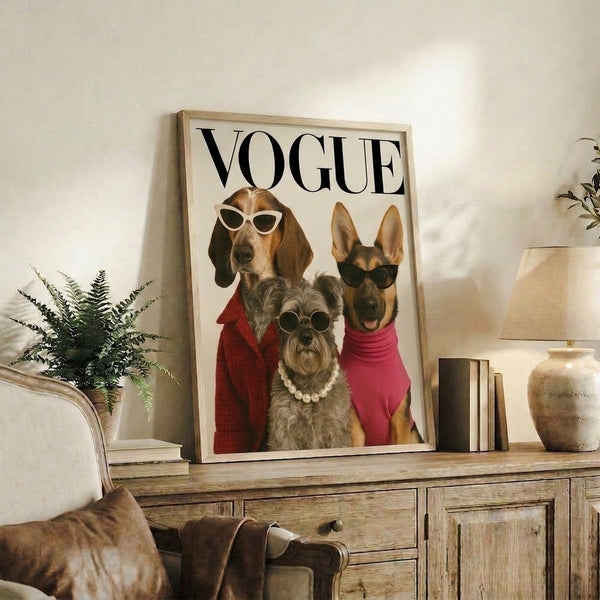 Colorful modern art print featuring three glamorous dogs in fashion-forward sunglasses and accessories, executed in playful pop art style with rich warm tones.