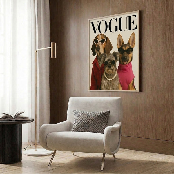 Pop art framed poster displaying three chic, sunglasses-wearing dogs adorned with pearls and clothing in a humorous, fashion-forward composition with gold and cream accents.
