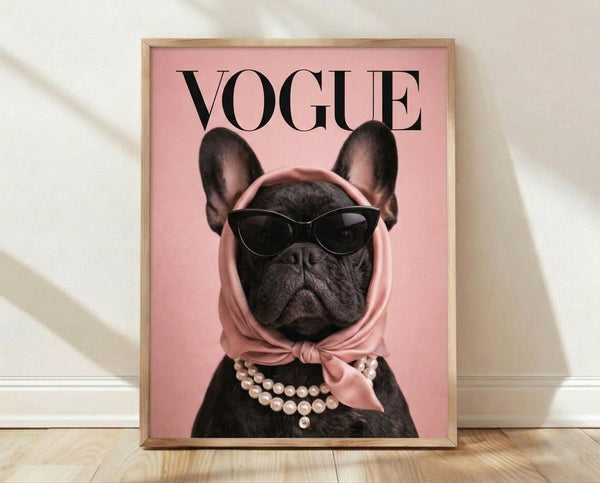 Pop art style framed poster featuring a glamorous French Bulldog wearing oversized sunglasses, pearls, and a chic headscarf against a pink and black background.