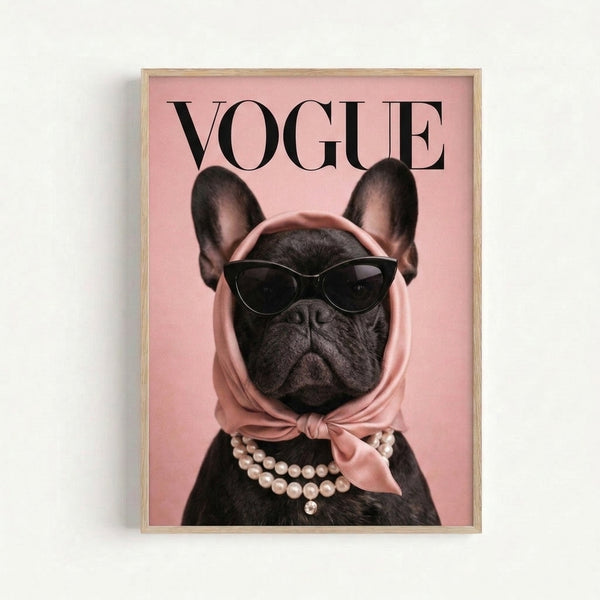 Modern retro art print of a stylish French Bulldog adorned with pearls and dark sunglasses, rendered in bold pop art colors of pink, white, and black.
