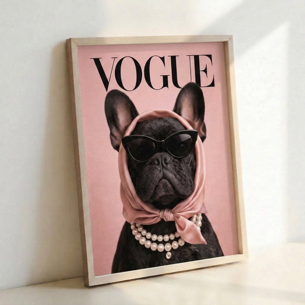 Chic pop art poster showing a fashionable French Bulldog with pearl necklace and sunglasses on a vibrant pink backdrop, framed and displayed as wall decor.