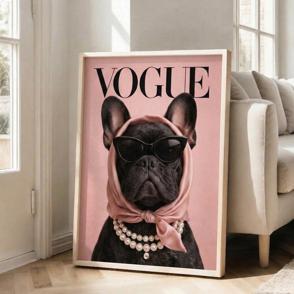 Glamorous French Bulldog illustration in contemporary pop art style wearing statement sunglasses and pearls, featuring a playful color palette of pink, black, and white.