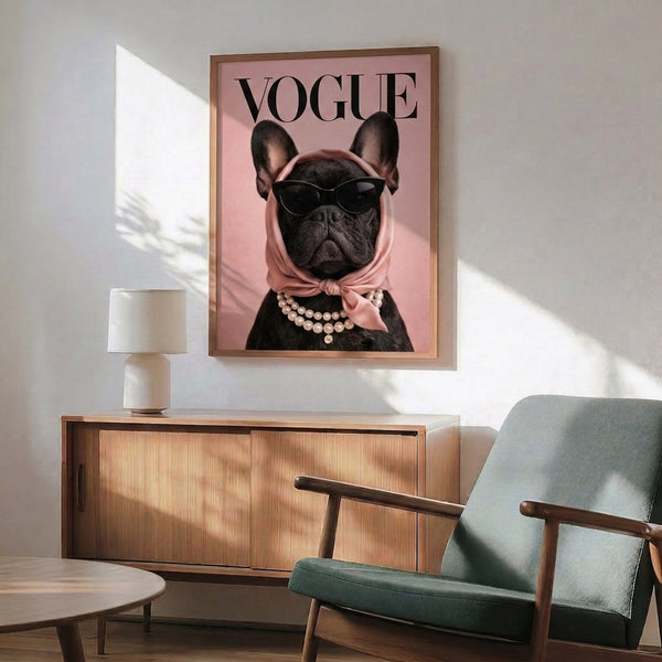 Humorous pop art framed print of a French Bulldog sporting oversized sunglasses, a pearl necklace, and headscarf in trendy pink and black tones.
