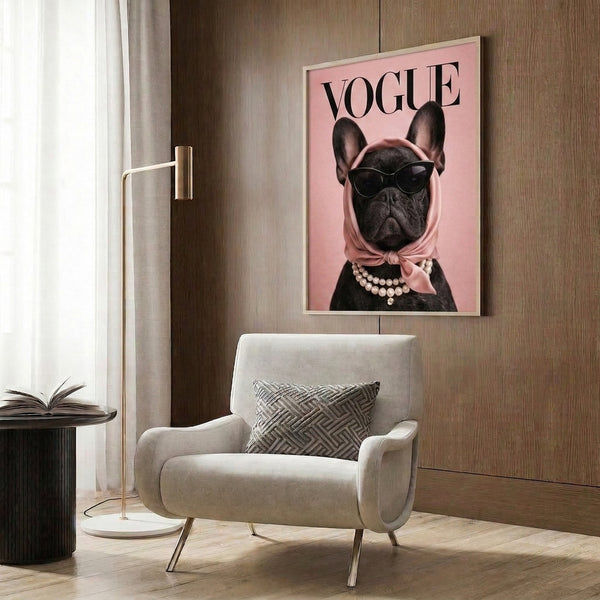 Retro-modern art print depicting a chic French Bulldog with fashionable accessories including sunglasses and pearls, rendered in bold pop art style.