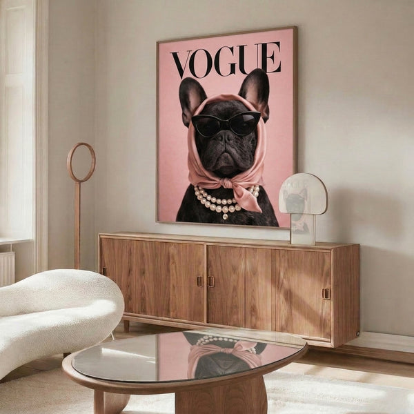 Contemporary pop art poster of a stylishly accessorized French Bulldog wearing sunglasses and pearls, combining glamour and humor in pink, black, and white.